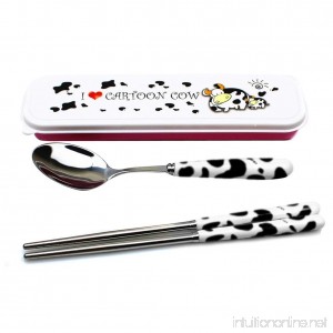 Sealike Cute Cow Ceramics Handle Stainless Steel Spoon Chopsticks Set of 2 with Stylus for Traveling Black - B00UTDFQPM